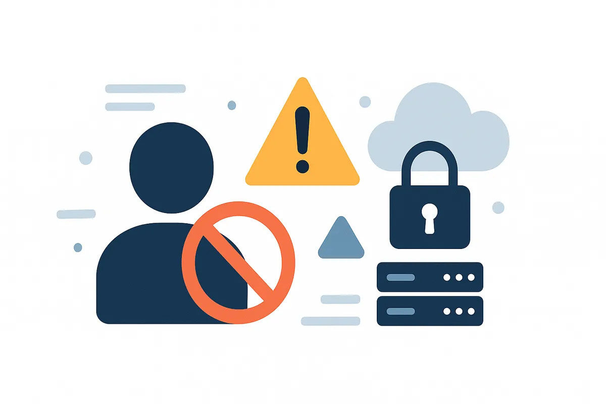 人物アイコンと禁止マーク、警告マーク、クラウドと南京錠、サーバー