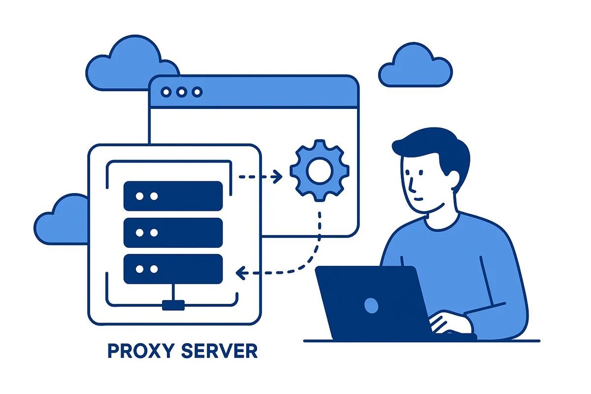 プロキシサーバーとノートパソコンを使用する人物
