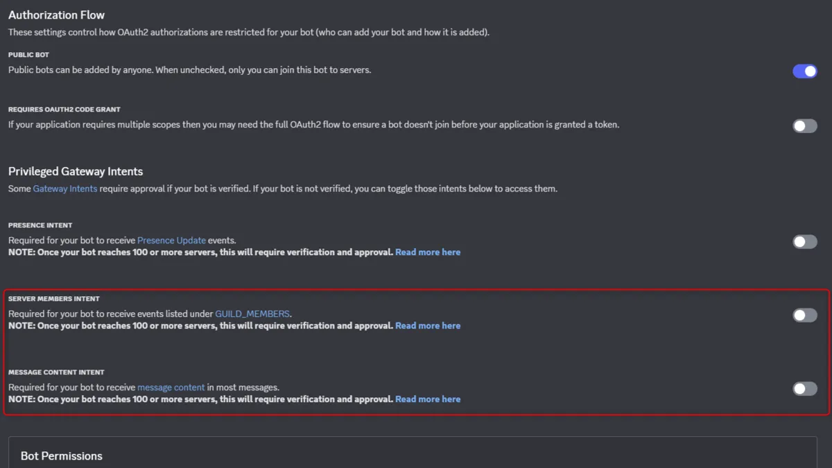 Discordボット設定画面でサーバーメンバーインテントとメッセージコンテンツインテントのトグル