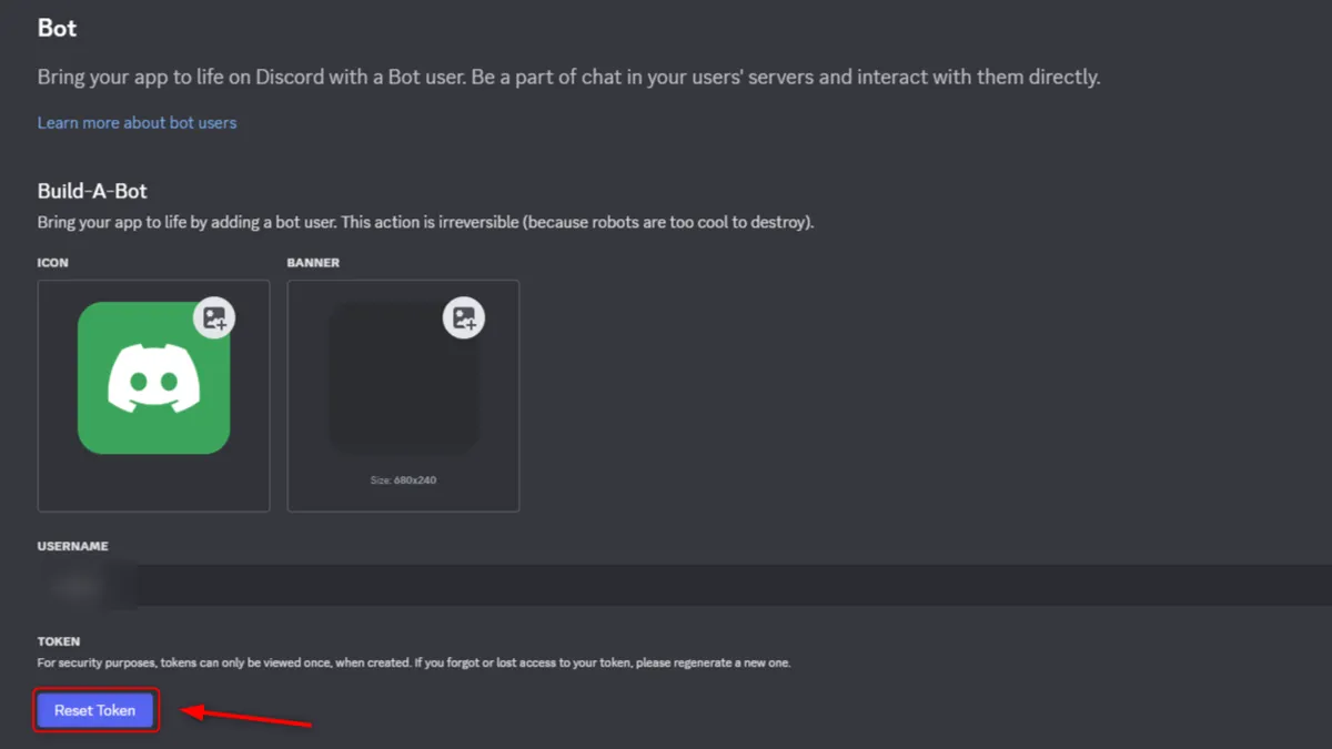 Discordボットのアイコンとリセットトークンボタン