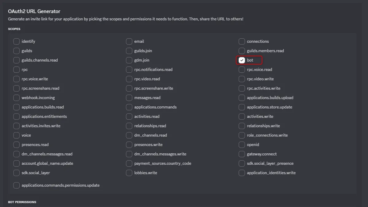 OAuth2 URL Generator画面で、botスコープにチェックが入っている