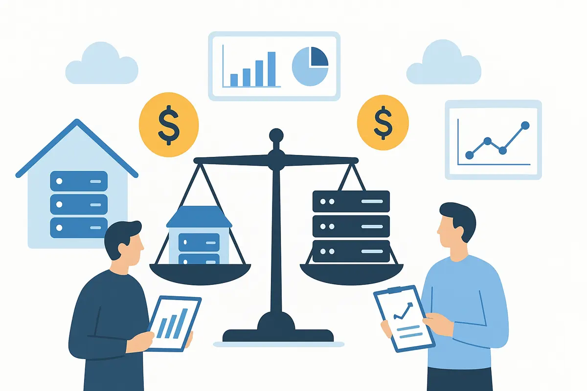 天秤でオンプレミスとクラウドサーバーを比較する人々