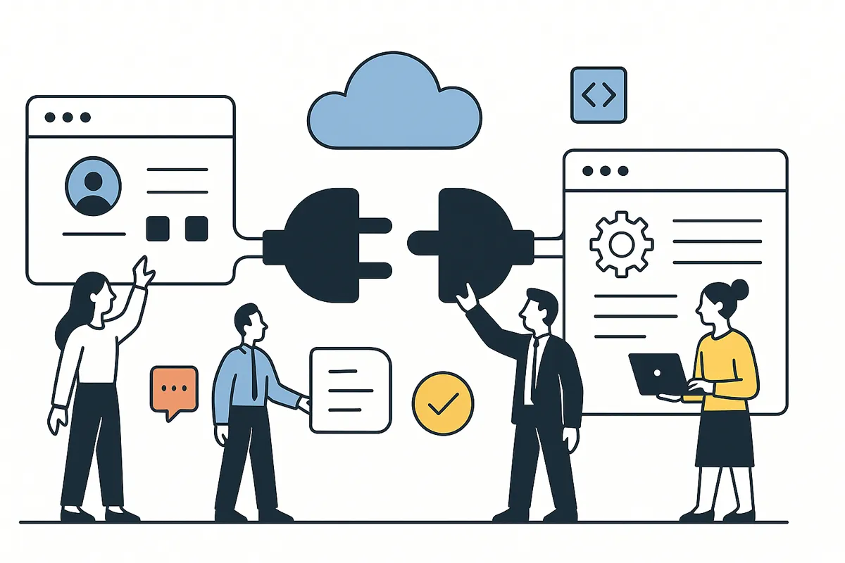 人々がプラグを接続し、システムを統合する様子