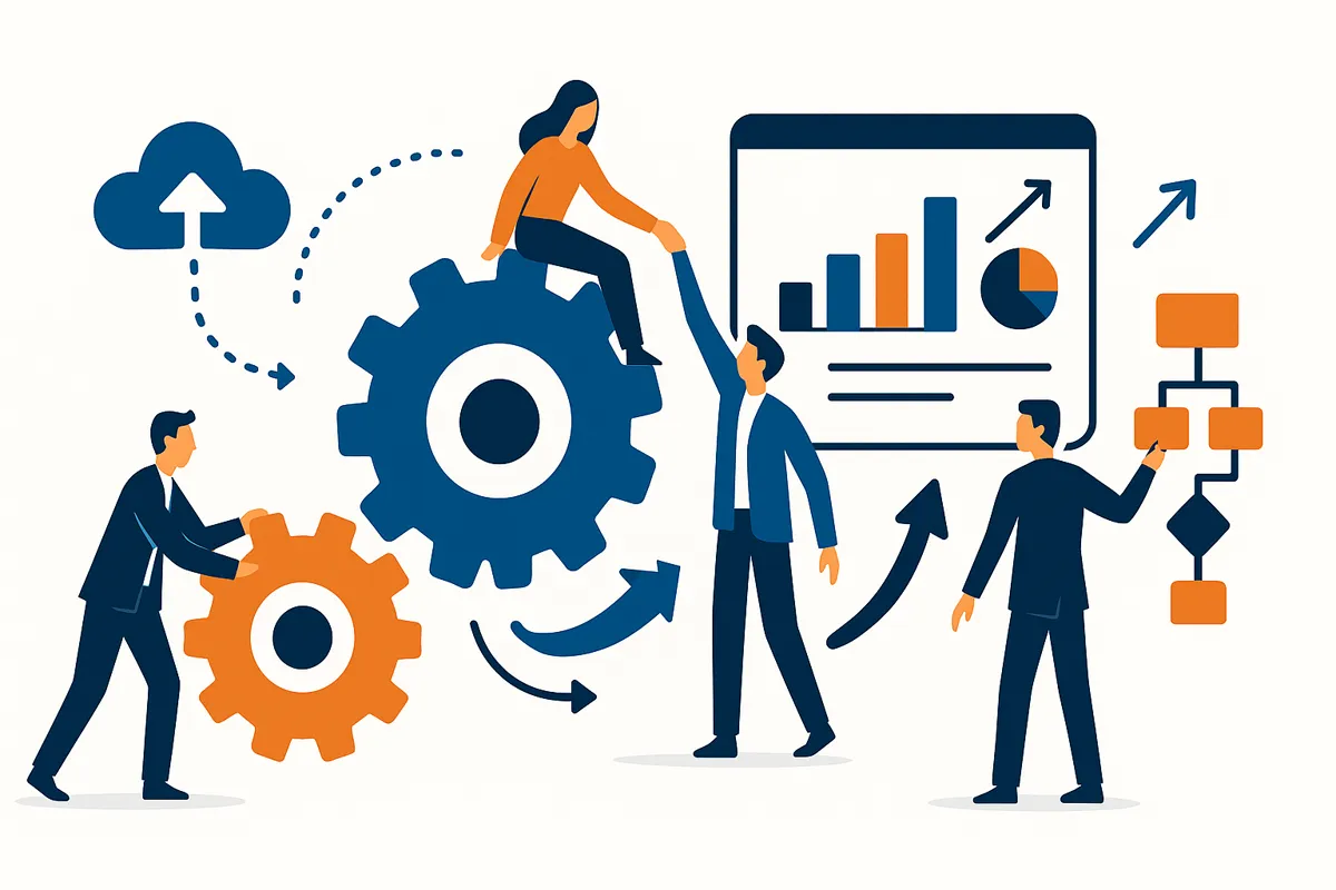 ビジネスパーソンが歯車とグラフを操作する様子