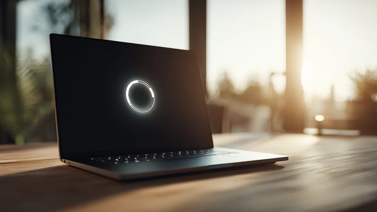 ノートパソコンの画面にローディングサークルが表示されている