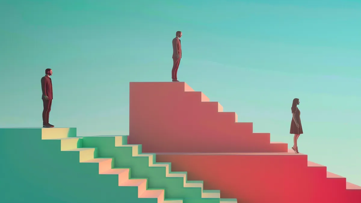 男性と女性が異なる高さの階段に立っている